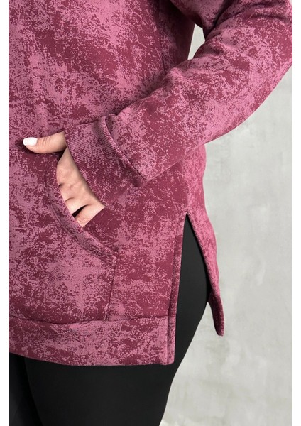 Büyük Beden Uzun Kollu Bisiklet Yaka Önü Cepli Desenli Sweatshirt 106-78