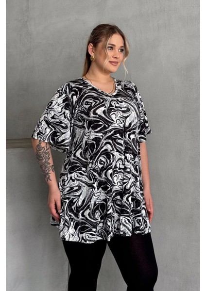 Büyük Beden V Yaka Kısa Kollu Eteği Bollaşan Desenli Bluz 101-17 fırsatları