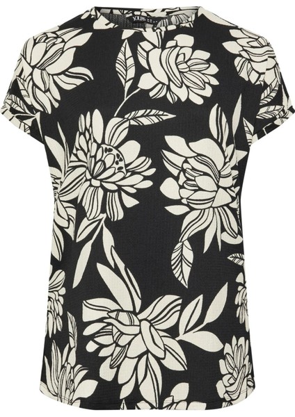 Büyük Beden Kısa Kollu Bisiklet Yaka Çiçek Desenli Bluz 322001