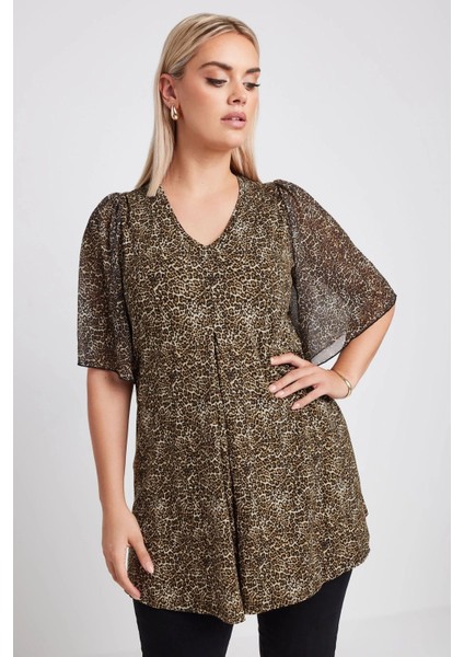 Büyük Beden V Yaka Kolları Tül Detaylı Leopar Desenli Bluz 321823