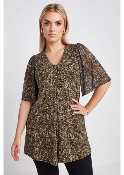 Büyük Beden V Yaka Kolları Tül Detaylı Leopar Desenli Bluz 321823 fiyatları