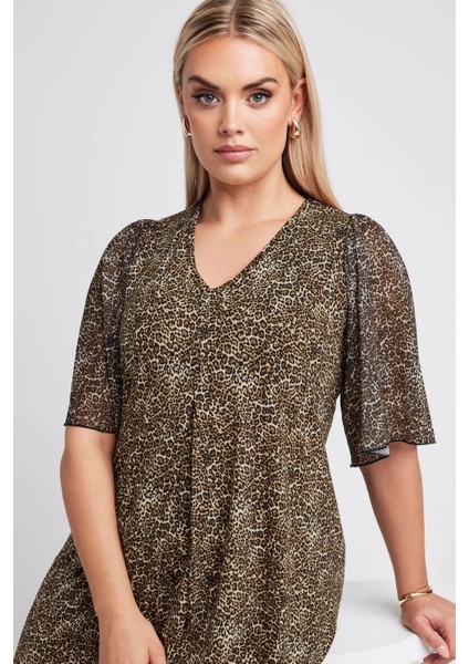 Büyük Beden V Yaka Kolları Tül Detaylı Leopar Desenli Bluz 321823 fırsatları