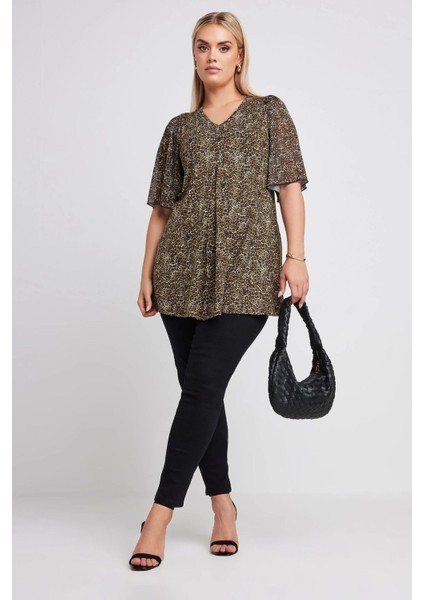 Büyük Beden V Yaka Kolları Tül Detaylı Leopar Desenli Bluz 321823 indirimleri