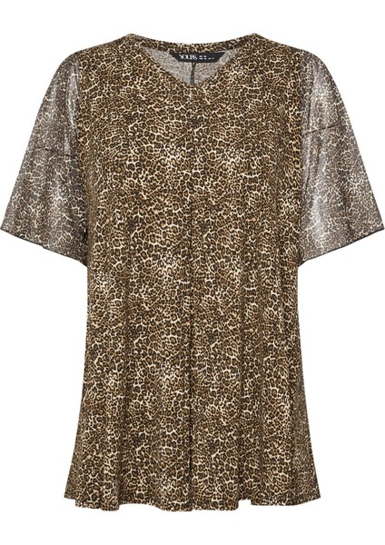 Büyük Beden V Yaka Kolları Tül Detaylı Leopar Desenli Bluz 321823