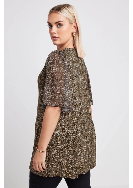 Büyük Beden V Yaka Kolları Tül Detaylı Leopar Desenli Bluz 321823