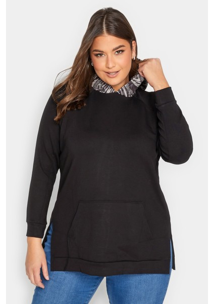 Büyük Beden Uzun Kollu Cepli Yanı Yırtmaçlı Kapüşonu Desenli Sweatshirt 300318