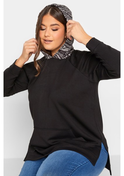 Büyük Beden Uzun Kollu Cepli Yanı Yırtmaçlı Kapüşonu Desenli Sweatshirt 300318 indirimleri