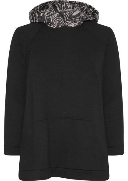 Büyük Beden Uzun Kollu Cepli Yanı Yırtmaçlı Kapüşonu Desenli Sweatshirt 300318