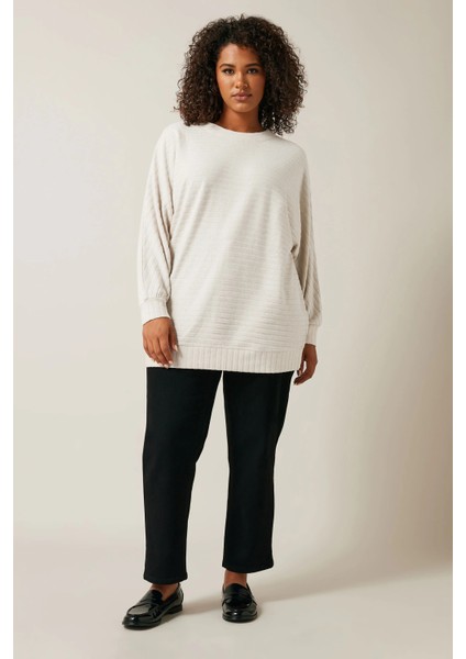 Büyük Beden Uzun Kollu Beli Lastikli Bisiklet Yaka Fitilli Kazak 615140