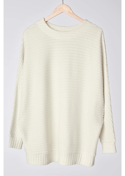 Büyük Beden Uzun Kollu Beli Lastikli Bisiklet Yaka Fitilli Kazak 615140