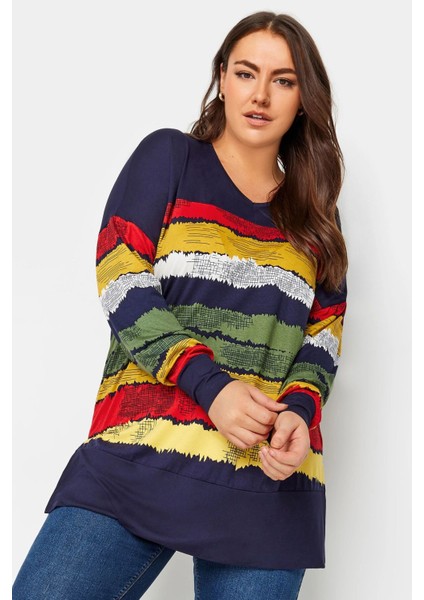 Büyük Beden V Yaka Çizgili Yanları Yırtmaçlı Uzun Kollu Bluz 303117