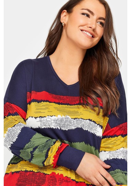 Büyük Beden V Yaka Çizgili Yanları Yırtmaçlı Uzun Kollu Bluz 303117 fiyatları
