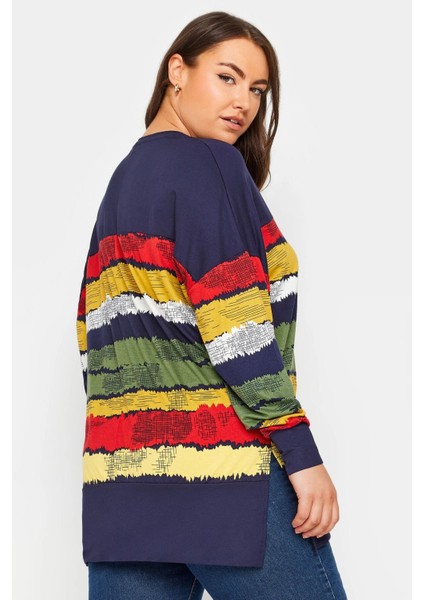 Büyük Beden V Yaka Çizgili Yanları Yırtmaçlı Uzun Kollu Bluz 303117 indirimleri