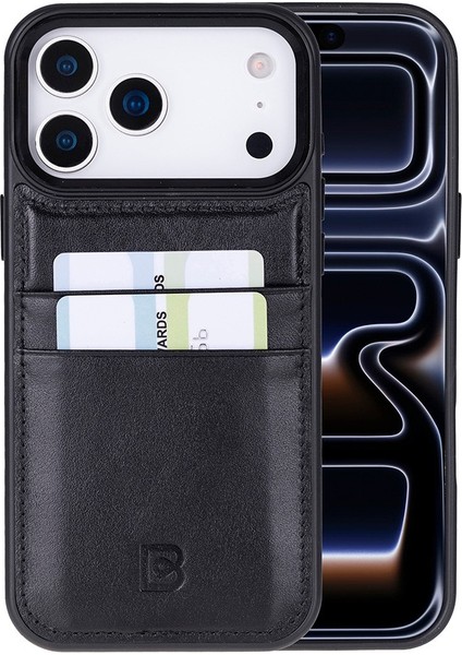 , Apple iPhone 17 Pro Max Için, Hakiki Deri, El Yapımı Kartlıklı Kılıf, Iç Yüzeyi Kadife, Kömür Siyahı