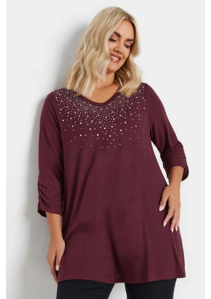 Büyük Beden V Yakası Taş Işlemeli Kolları Büzgülü Bluz 322225