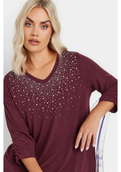 Büyük Beden V Yakası Taş Işlemeli Kolları Büzgülü Bluz 322225 fiyatları