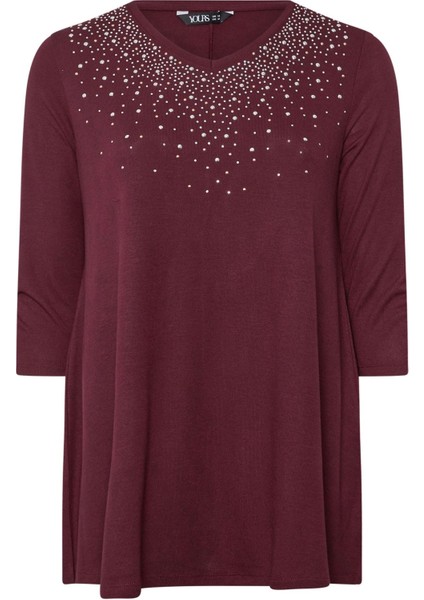 Büyük Beden V Yakası Taş Işlemeli Kolları Büzgülü Bluz 322225