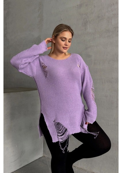 Büyük Beden Uzun Kollu Bisiklet Yaka Yırtık Detaylı Triko Kazak T-3