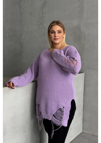 Büyük Beden Uzun Kollu Bisiklet Yaka Yırtık Detaylı Triko Kazak T-3 fiyatları