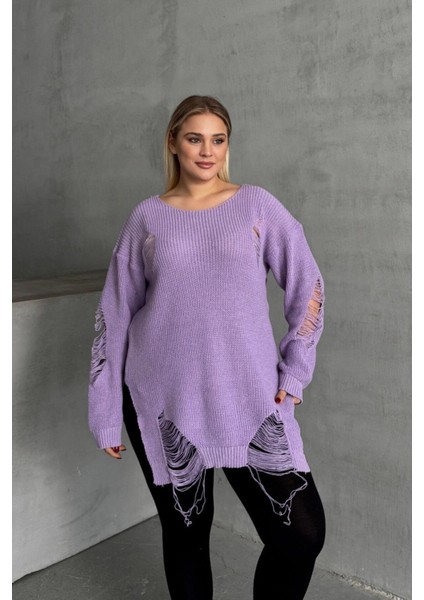 Büyük Beden Uzun Kollu Bisiklet Yaka Yırtık Detaylı Triko Kazak T-3 fırsatları