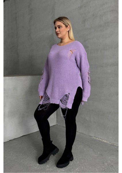 Büyük Beden Uzun Kollu Bisiklet Yaka Yırtık Detaylı Triko Kazak T-3 indirimleri