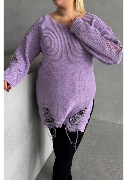 Büyük Beden Uzun Kollu Bisiklet Yaka Yırtık Detaylı Triko Kazak T-3