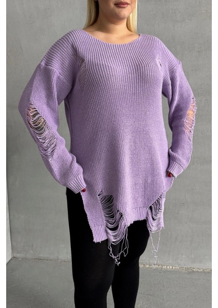 Büyük Beden Uzun Kollu Bisiklet Yaka Yırtık Detaylı Triko Kazak T-3