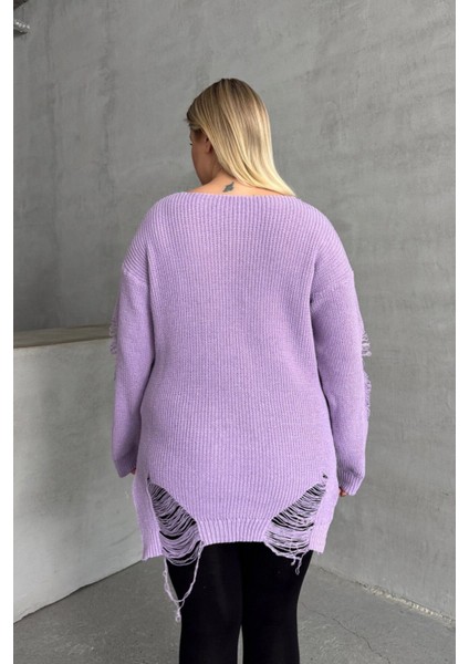 Büyük Beden Uzun Kollu Bisiklet Yaka Yırtık Detaylı Triko Kazak T-3