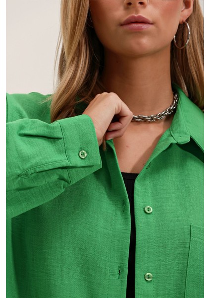 Kadın BDART Cepli Oversize Düğmeli Keten Karışımlı Gömlek Green modelleri