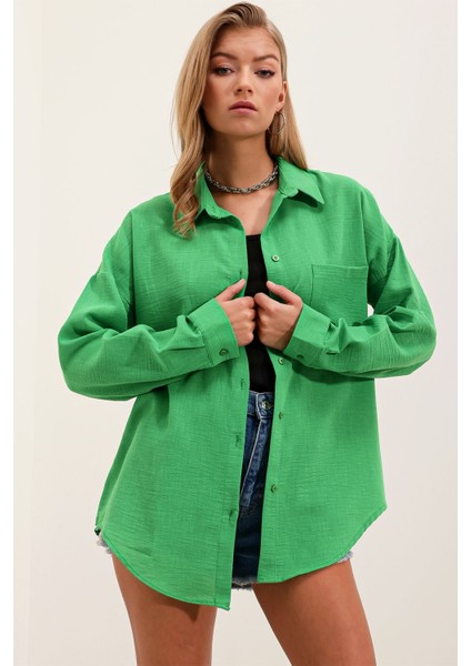 Kadın BDART Cepli Oversize Düğmeli Keten Karışımlı Gömlek Green indirimleri