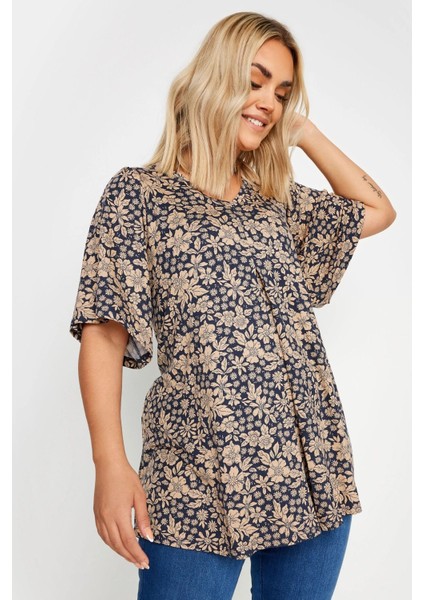 Büyük Beden V Yaka Desenli Asimetrik Kesim Likralı Bluz 303250