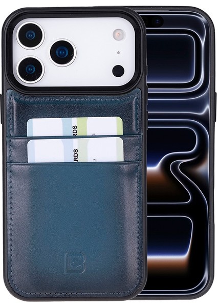 , Apple iPhone 17 Pro Max Için, Hakiki Deri, El Yapımı Kartlıklı Kılıf, Iç Yüzeyi Kadife, Gölgeli Mavi