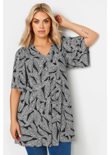 Büyük Beden V Yaka Desenli Asimetrik Kesim Likralı Bluz 321765