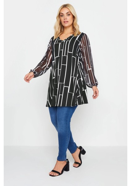 Büyük Beden Uzun Kolları Tül Detaylı Pileli V Yaka Bluz 303055 fiyatları