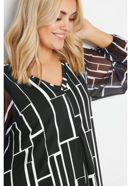 Büyük Beden Uzun Kolları Tül Detaylı Pileli V Yaka Bluz 303055 fırsatları