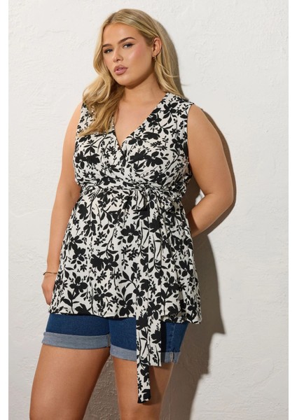 Büyük Beden V Yaka Sıfır Kol Önü Kuşaklı Desenli Bluz 322682