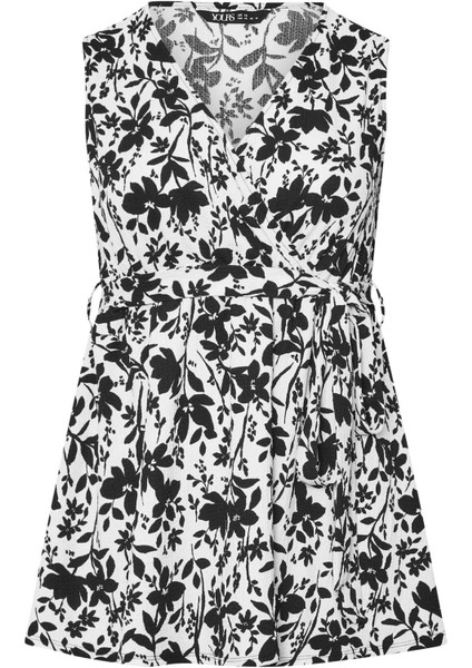 Büyük Beden V Yaka Sıfır Kol Önü Kuşaklı Desenli Bluz 322682