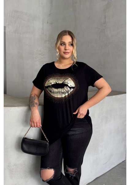 Büyük Beden Kısa Kollu Bisiklet Yaka Taş Işlemeli T-Shirt 302264 fiyatları