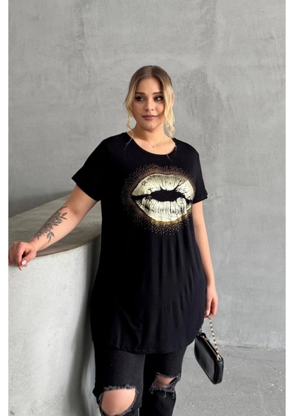 Büyük Beden Kısa Kollu Bisiklet Yaka Taş Işlemeli T-Shirt 302264 fırsatları