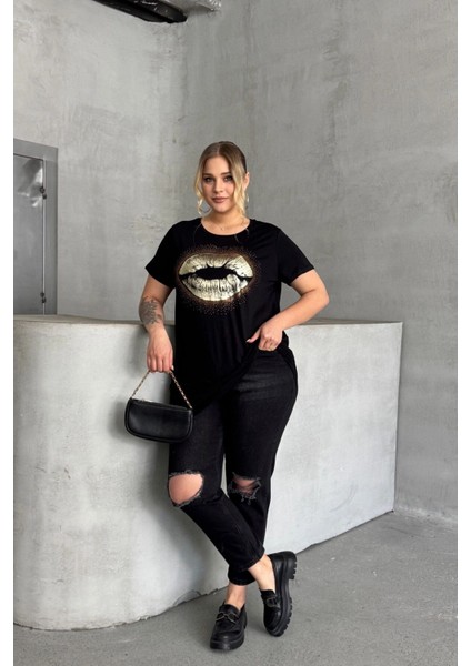 Büyük Beden Kısa Kollu Bisiklet Yaka Taş Işlemeli T-Shirt 302264 indirimleri