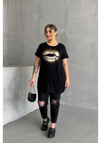 Büyük Beden Kısa Kollu Bisiklet Yaka Taş Işlemeli T-Shirt 302264