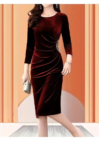 Mdb Kadın Uzun Kollu Bot Yaka Yanı Taş Detaylı Midi Kadife Elbise fırsatları