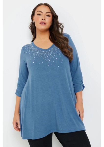 Büyük Beden V Yakası Taş Işlemeli Kolları Büzgülü Bluz 322297