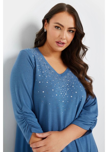 Büyük Beden V Yakası Taş Işlemeli Kolları Büzgülü Bluz 322297 fiyatları