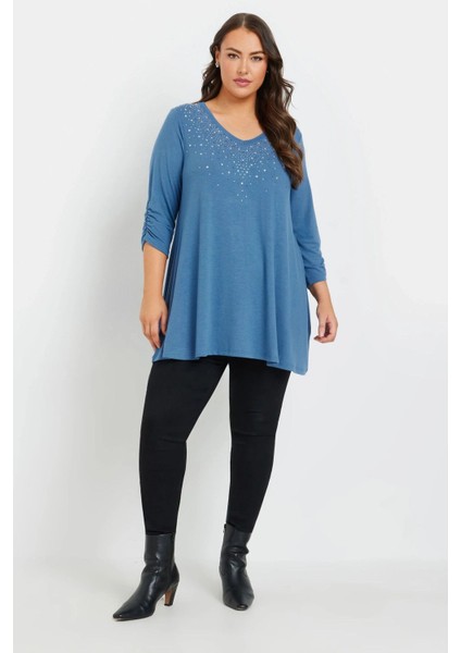 Büyük Beden V Yakası Taş Işlemeli Kolları Büzgülü Bluz 322297 fırsatları