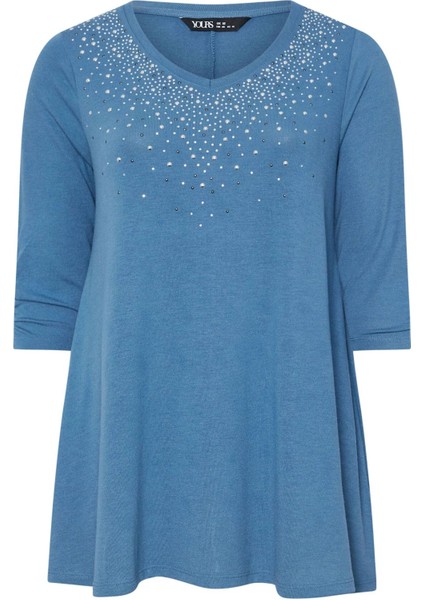 Büyük Beden V Yakası Taş Işlemeli Kolları Büzgülü Bluz 322297