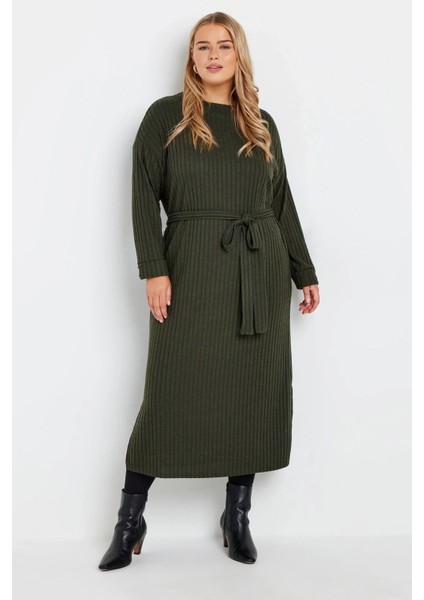 Büyük Beden Kuşaklı Düz Kesim Fitilli Uzun Kollu Astarsız Midi Elbise 322196