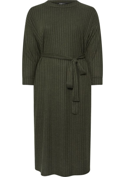 Büyük Beden Kuşaklı Düz Kesim Fitilli Uzun Kollu Astarsız Midi Elbise 322196