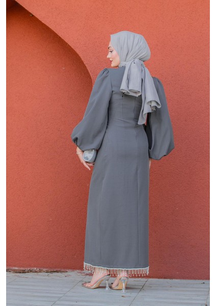 Kies Taş Püskül Detaylı Abiye-Gri fırsatları