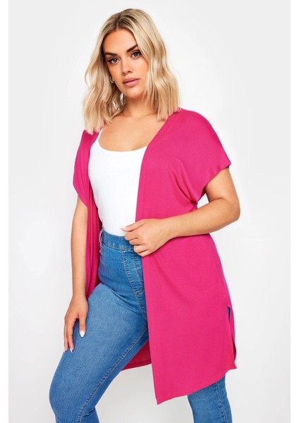 Büyük Beden Yırtmaç Detaylı Düğmesiz Esnek Kumaş Kısa Kollu Hırka 321910